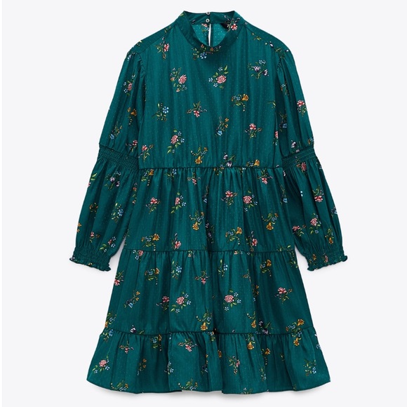 Zara Green Floral Long Sleeve Mini Dress NWT XS - Picture 3 of 12